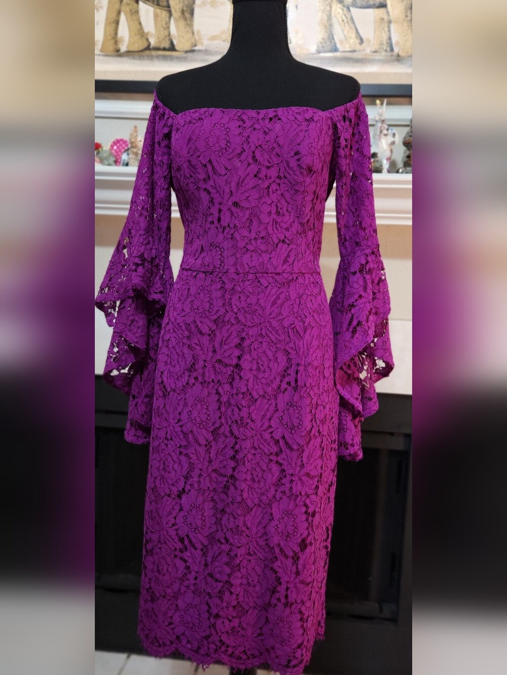 City Chic Off-Shoulder Lace Midi Dress in Vibrant Purple